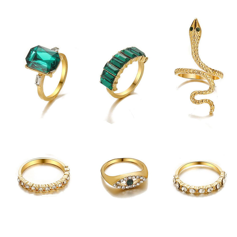 Inlaid Green Rhinestone Retro Snake Alloy Set Rings