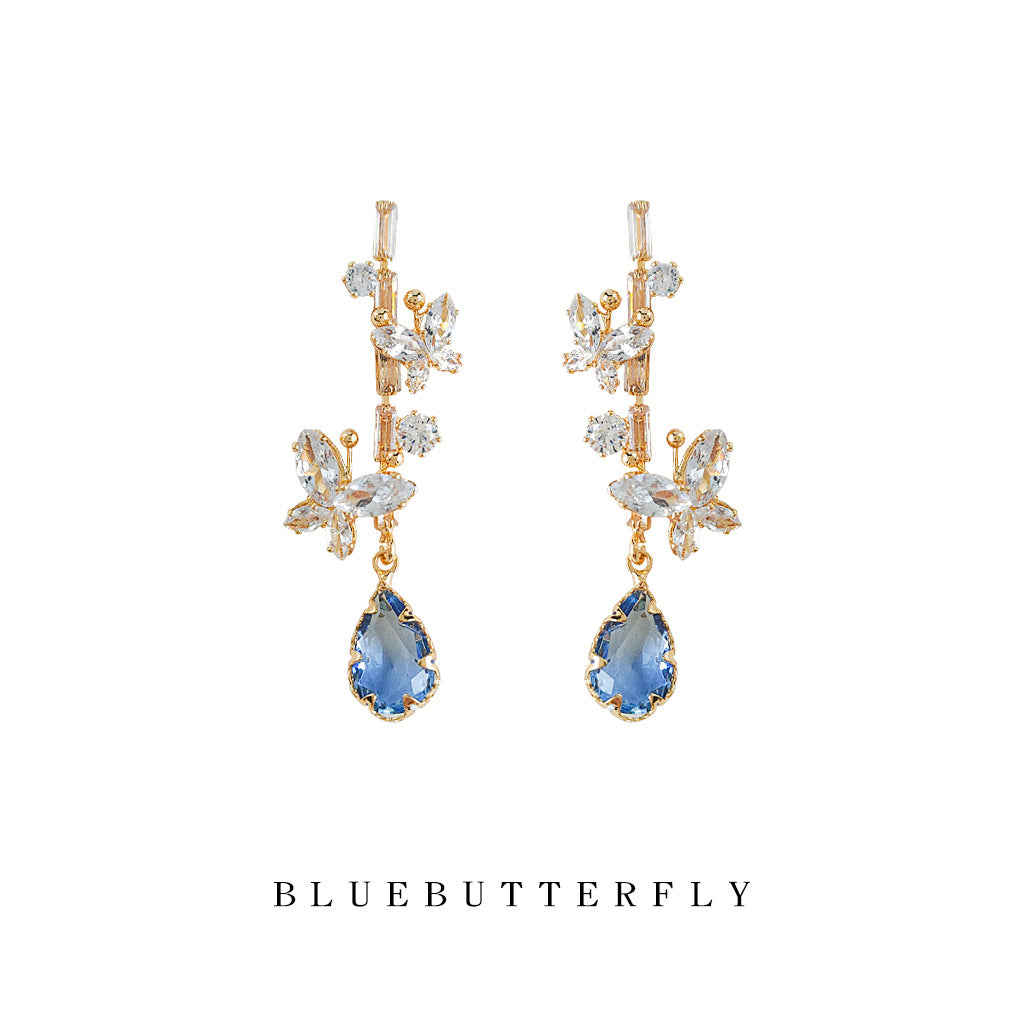 Bright Zircon Glass Crystal Sier Needle Plated Butterfly Water Drop Earrings
