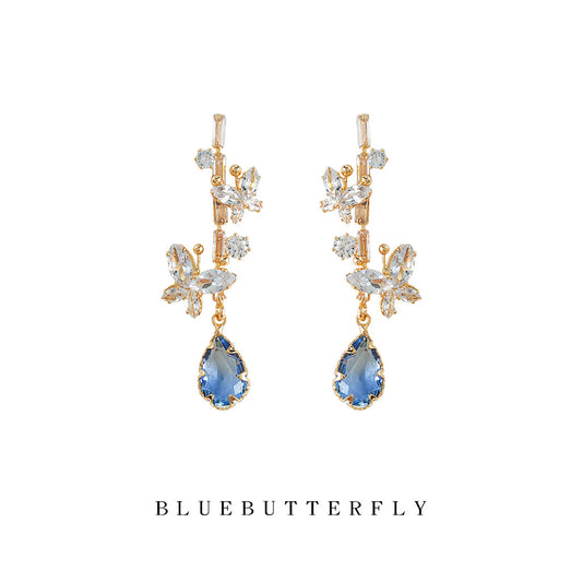 Bright Zircon Glass Crystal Sier Needle Plated Butterfly Water Drop Earrings