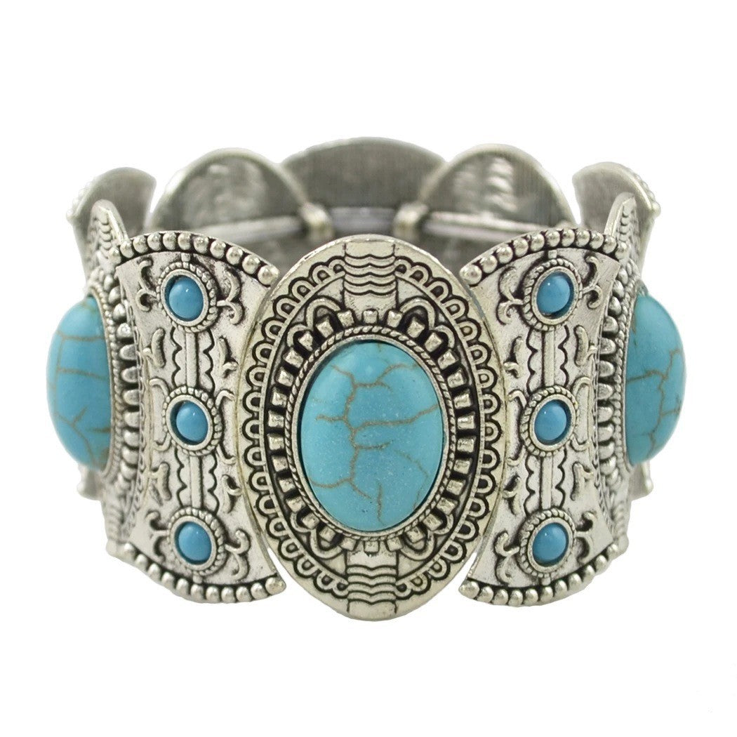 Fashion Retro Textured Hollow Inlaid Turquoise Bracelets