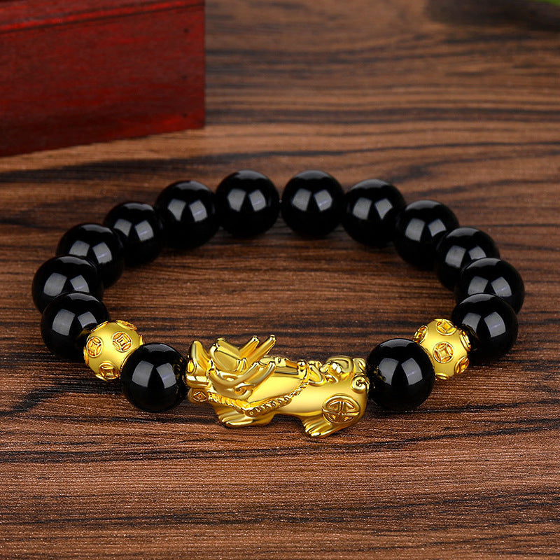 Large Size Vietnam Placer Gold Pi Imitation Obsidian Six Bracelets