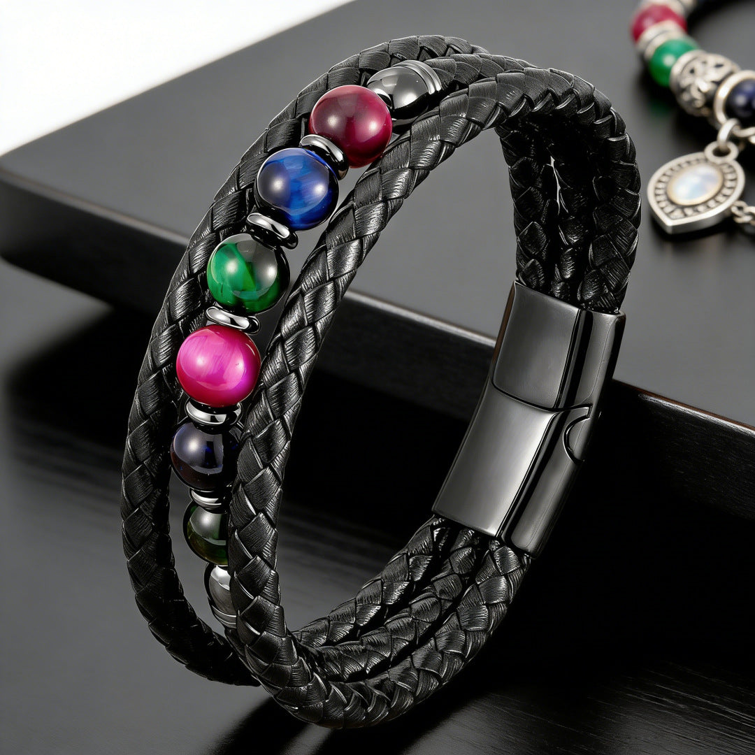 Men's Woven Leather Color Beaded Source Bracelets