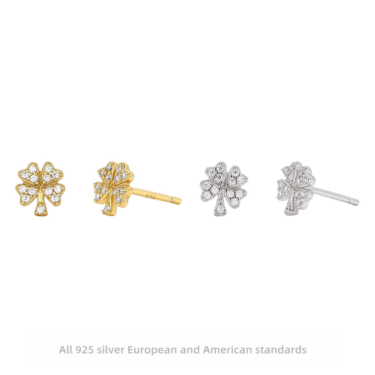 Sier Simple Small Micro Inlaid Stone Four Leaf Clover Ear Stud Earrings