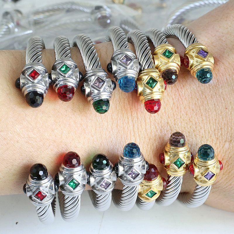 Wire Stainless Twisted Colorful Zircon Couples Openings Bracelet