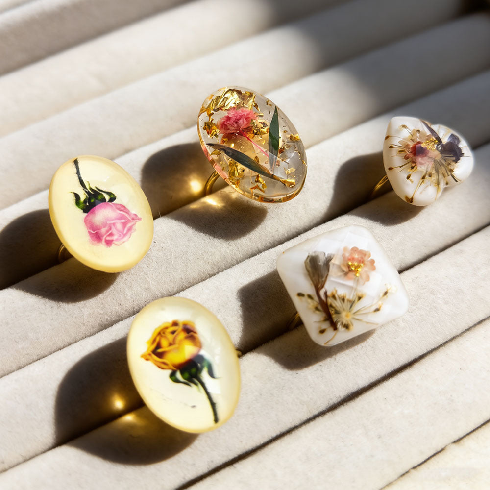 Dried Flowers Gypsophila Peach Heart Square Resin Stainless Steel Open Ring