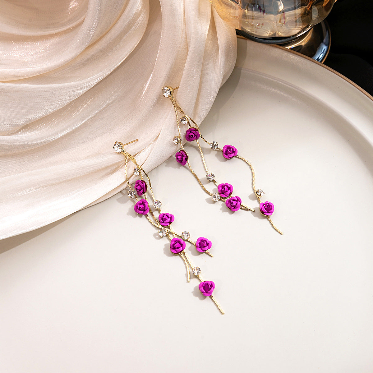 Elegant Sier Needle Rose Tassel Long Earrings