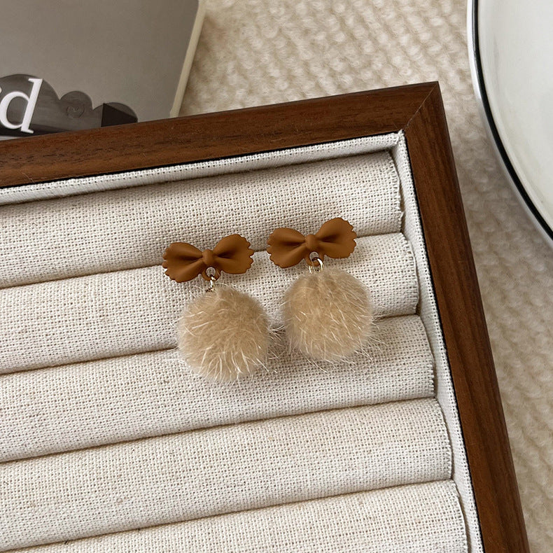 Women's Bow Plush Ball Personality Campus For Earrings