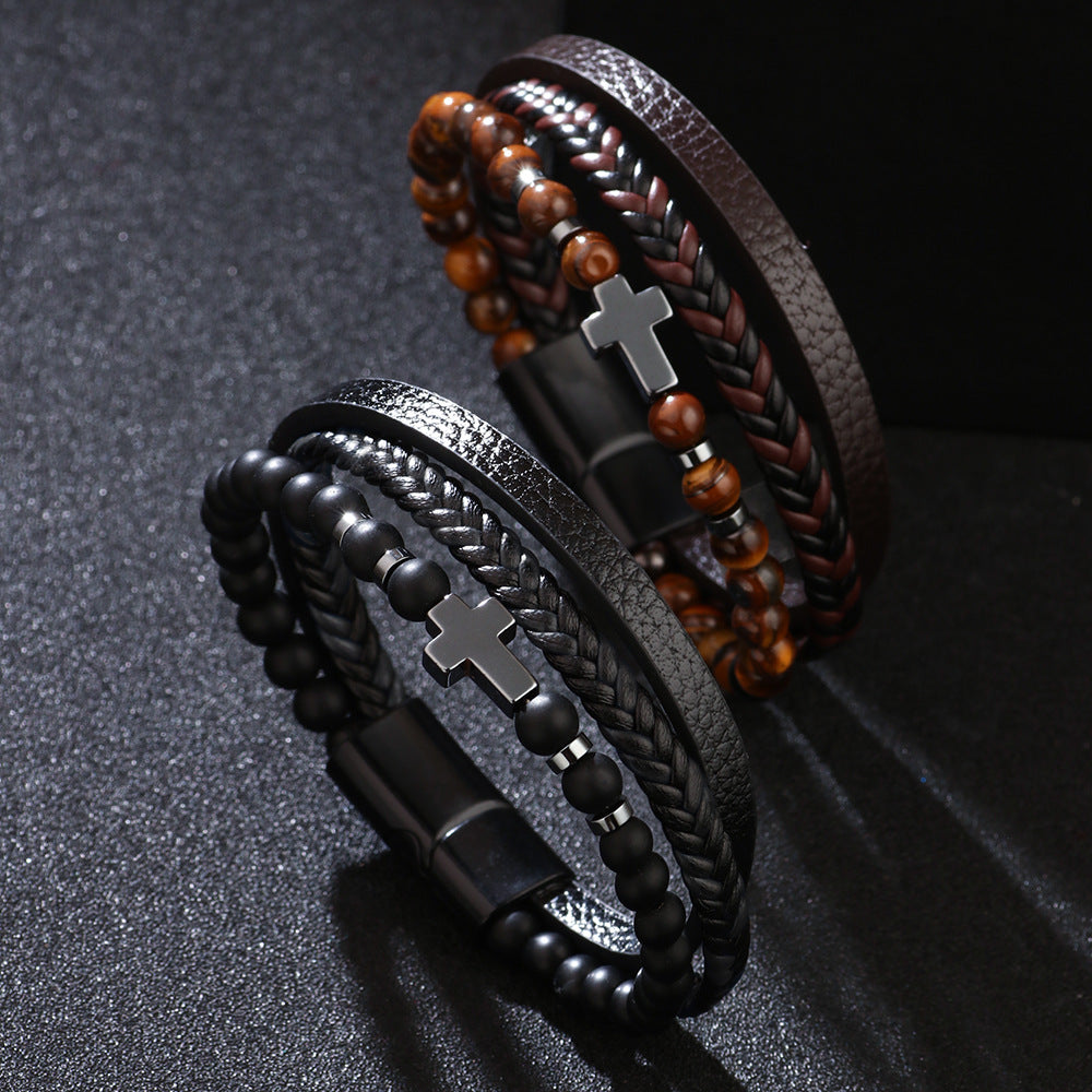 Personalized Fashion Woven Leather Tigereye Frosted Bracelets