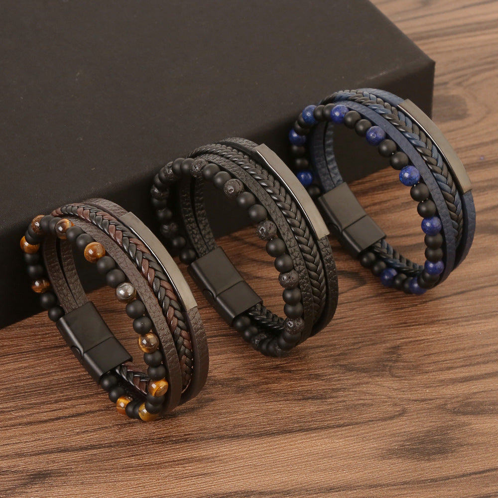 Men's Natural Stone Vintage Leather Hand-woven Alloy Bracelets