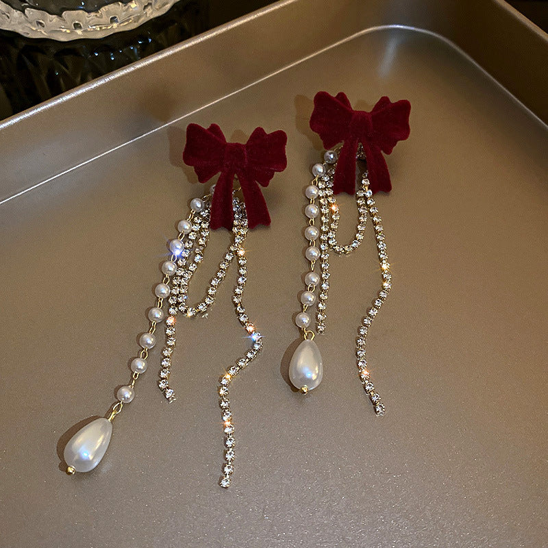 Needle Flocking Bow Artificial Pearl Tassel Fashion Earrings