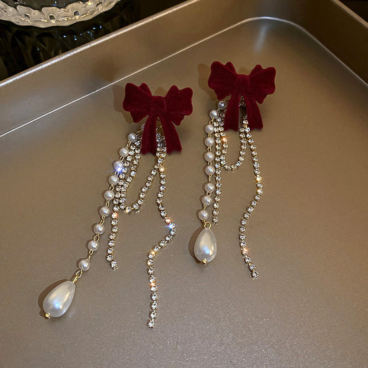 Needle Flocking Bow Artificial Pearl Tassel Fashion Earrings
