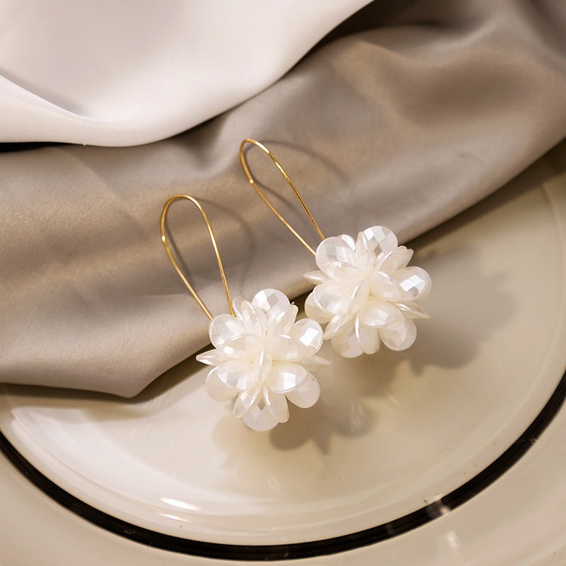 Long Floral Ball Premium White Petal Earrings