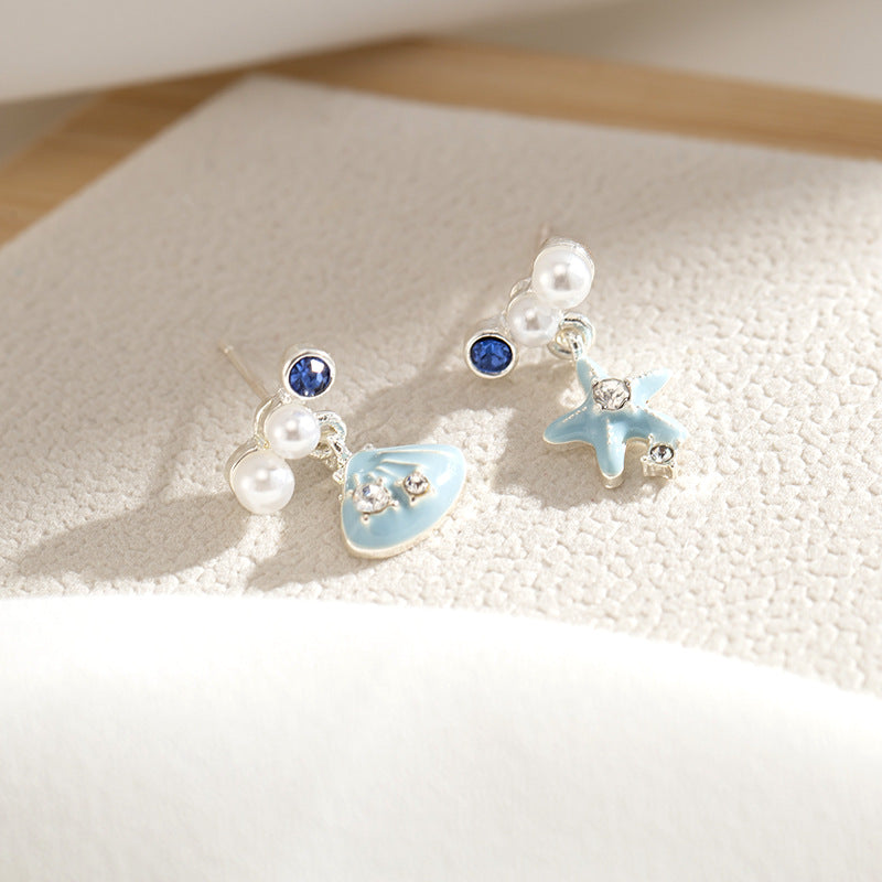 Women's Blue Starfish Shell Asymmetric Small Versatile Exquisite Fresh Mosquito Coil Rings