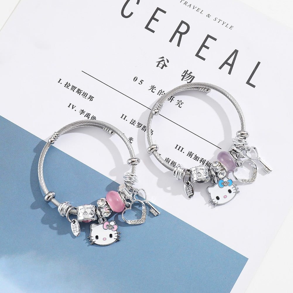 Bracelets en acier inoxydable pour copines de style Mori, chat mignon