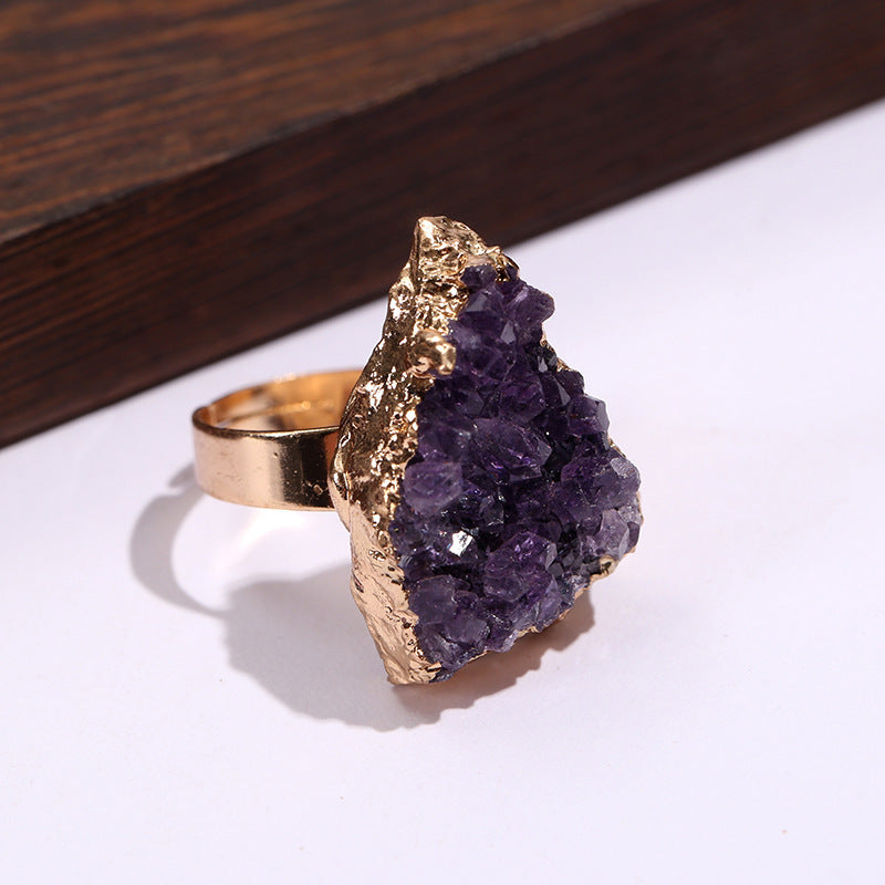 Amethyst Cluster Electroplated Golden Open-end Crystal Tooth Ring