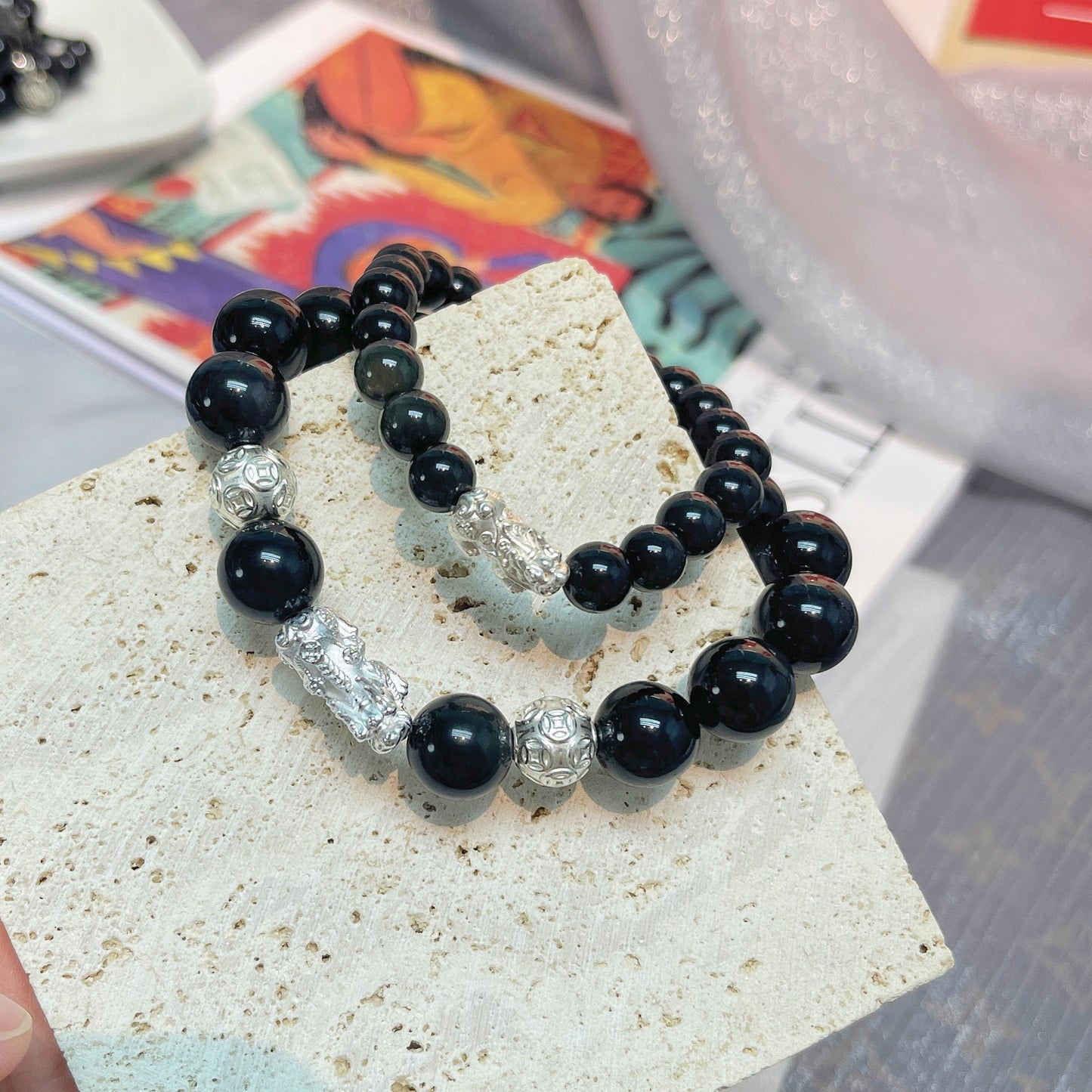 Bracelets de Saint-Valentin en cristal d'argent et ciel d'obsidienne pour couple