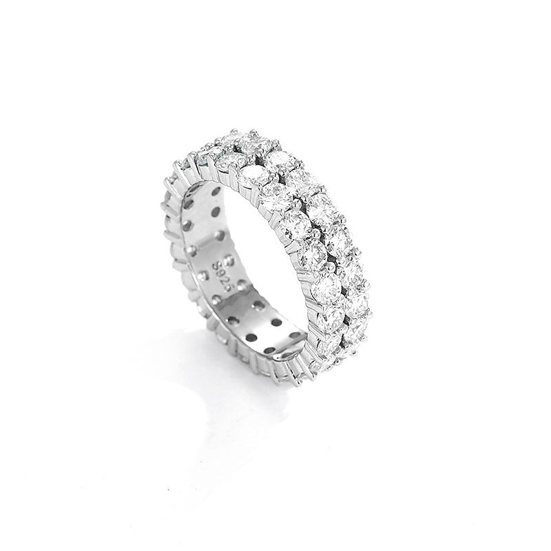 Sier Two Rows Couple Full Diamond Three-row Rings