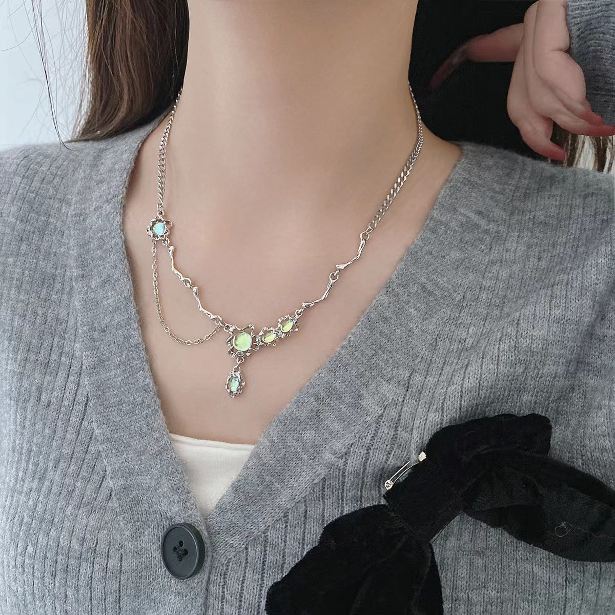 Women's Design Thorn Moonstone Tassel Cold Clavicle Chain Necklaces