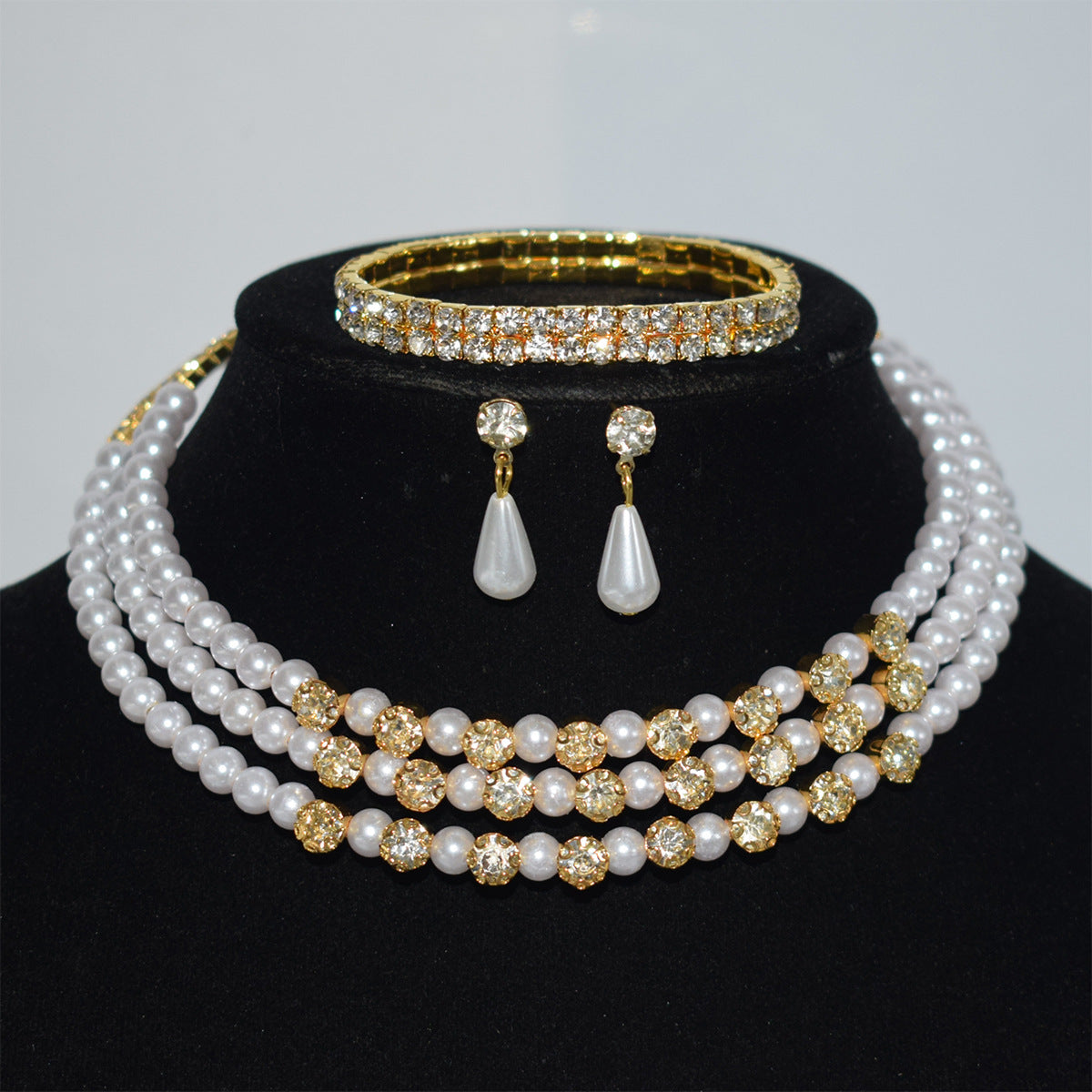 Pearl Diamond Collar Bridal Rhinestone Three-piece Jewelry Set