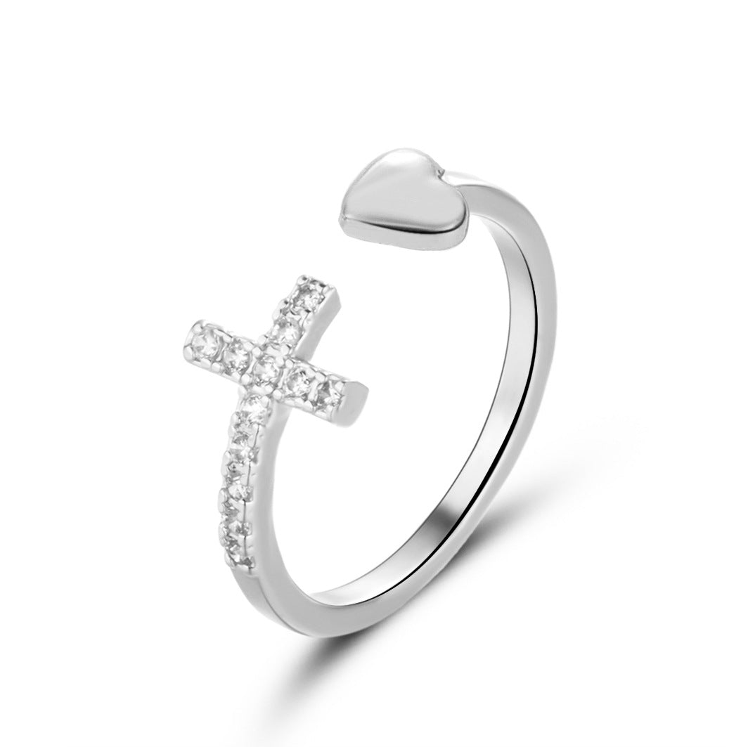 Women's Style Creative Opening Cross Temperament Wild Heart-shaped Retro Rings