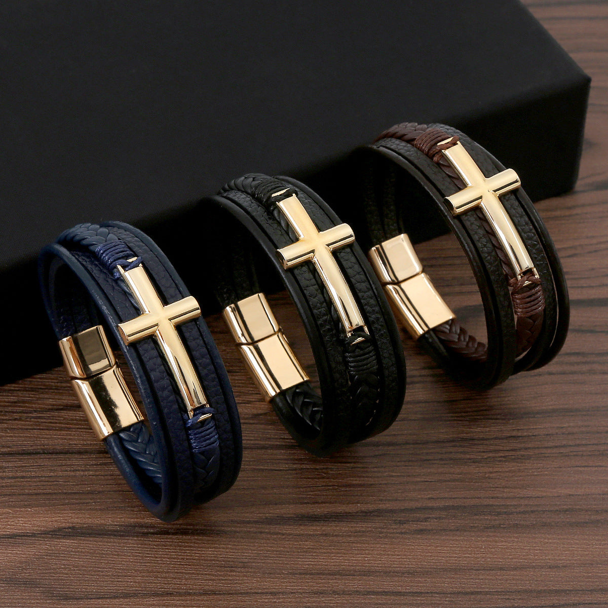 Men's Leather Hand-woven Alloy Magnetic Buckle Bangle Bracelets