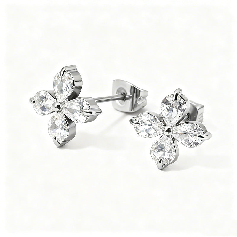 Women's Titanium Steel Inlaid Zircon Four Leaf Clover Ear High-grade Gold Stud Earrings