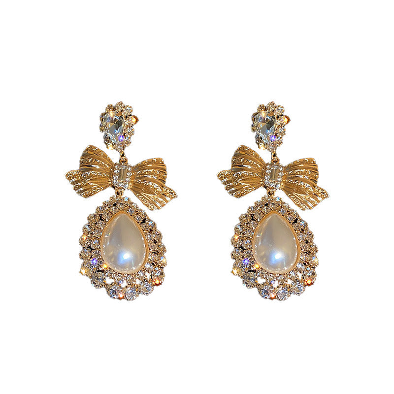 Elegant Pearl Diamond Bow Water Drop Earrings