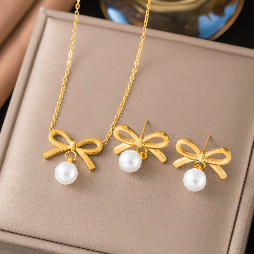 Women's Fashion Stainless Steel Bow Pearl Indian Earrings
