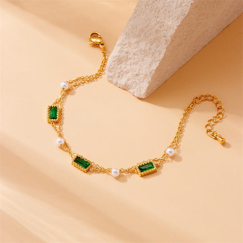 Fashion Twin Gold-plated Stainless Steel Chain Square Bracelet