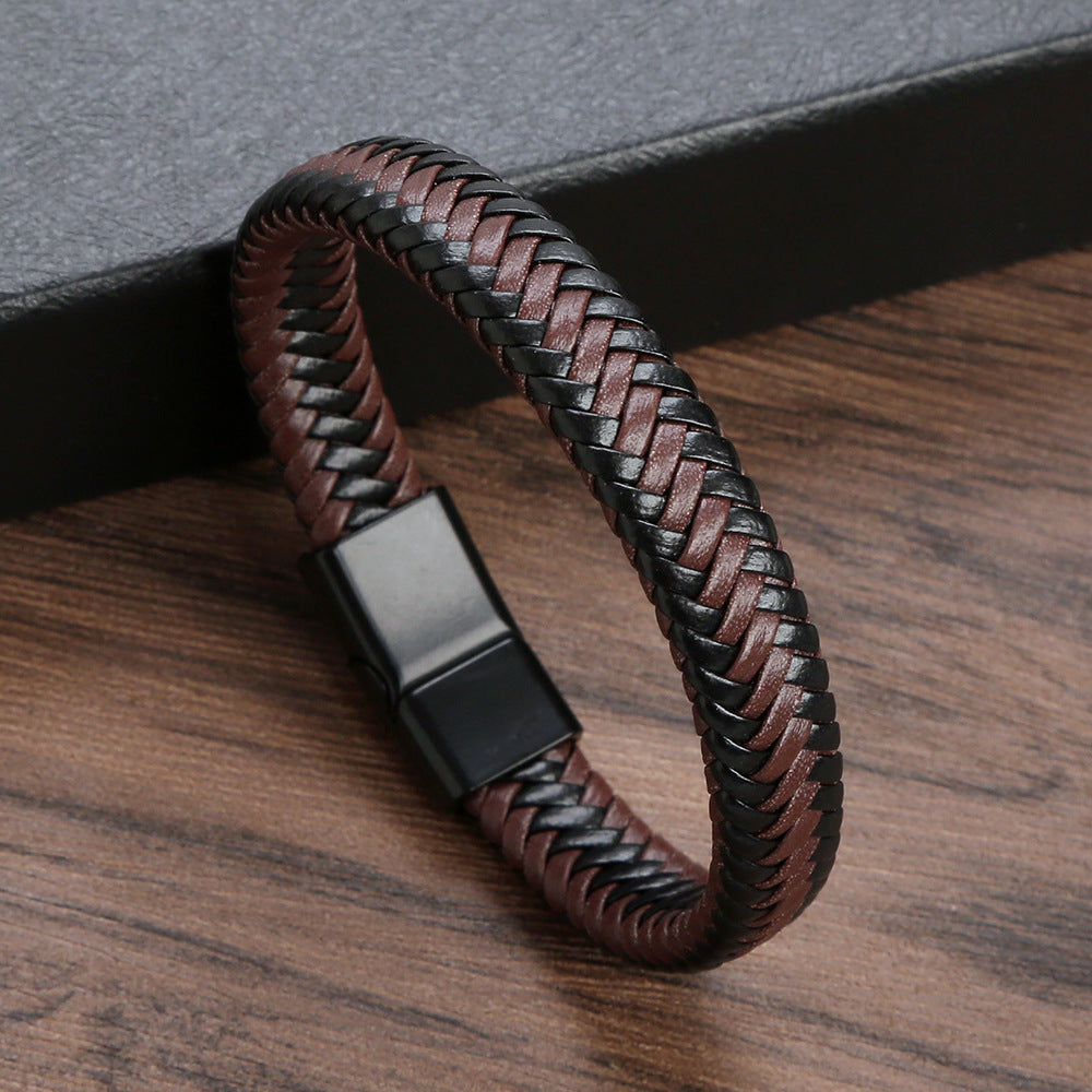 Men's Leather Braid Rope Titanium Steel Exhibition Bracelets