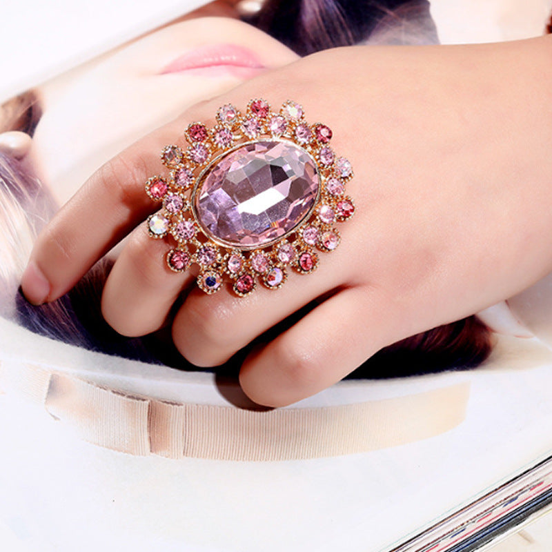 Luxury Crystal Glass Open Adjustable Fashion Exaggerated Ring