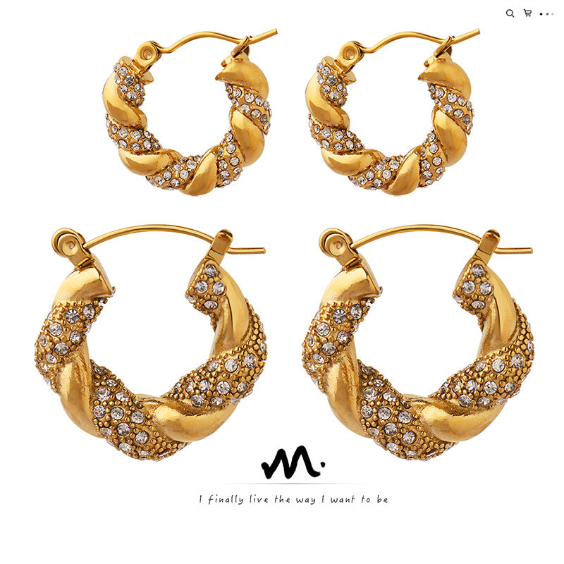 U-shaped Titanium Steel Gold-plated Zircon Twist Earrings