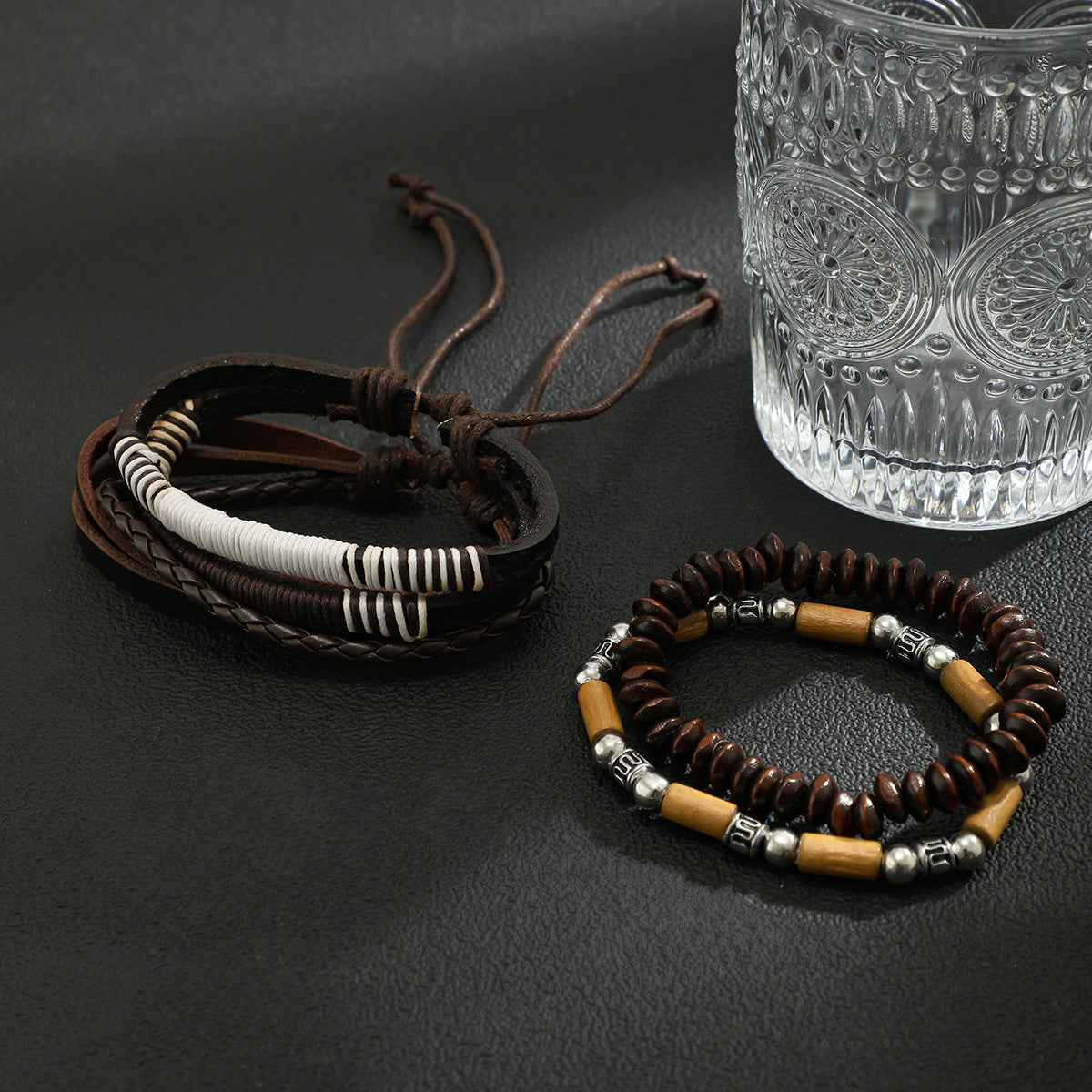 Men's Wooden Bead Simple Beaded Stitching Leather Bracelets