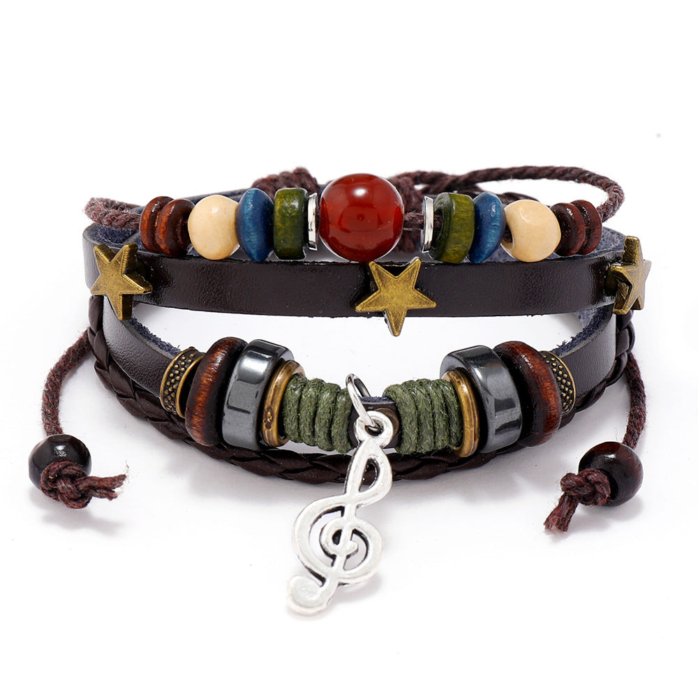 Beaded Leather Weave Vintage Alloy Note Bracelets