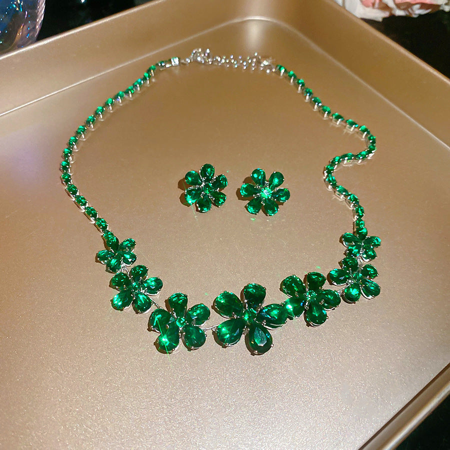 Flower Female Emerald Vintage Clavicle Chain Earrings