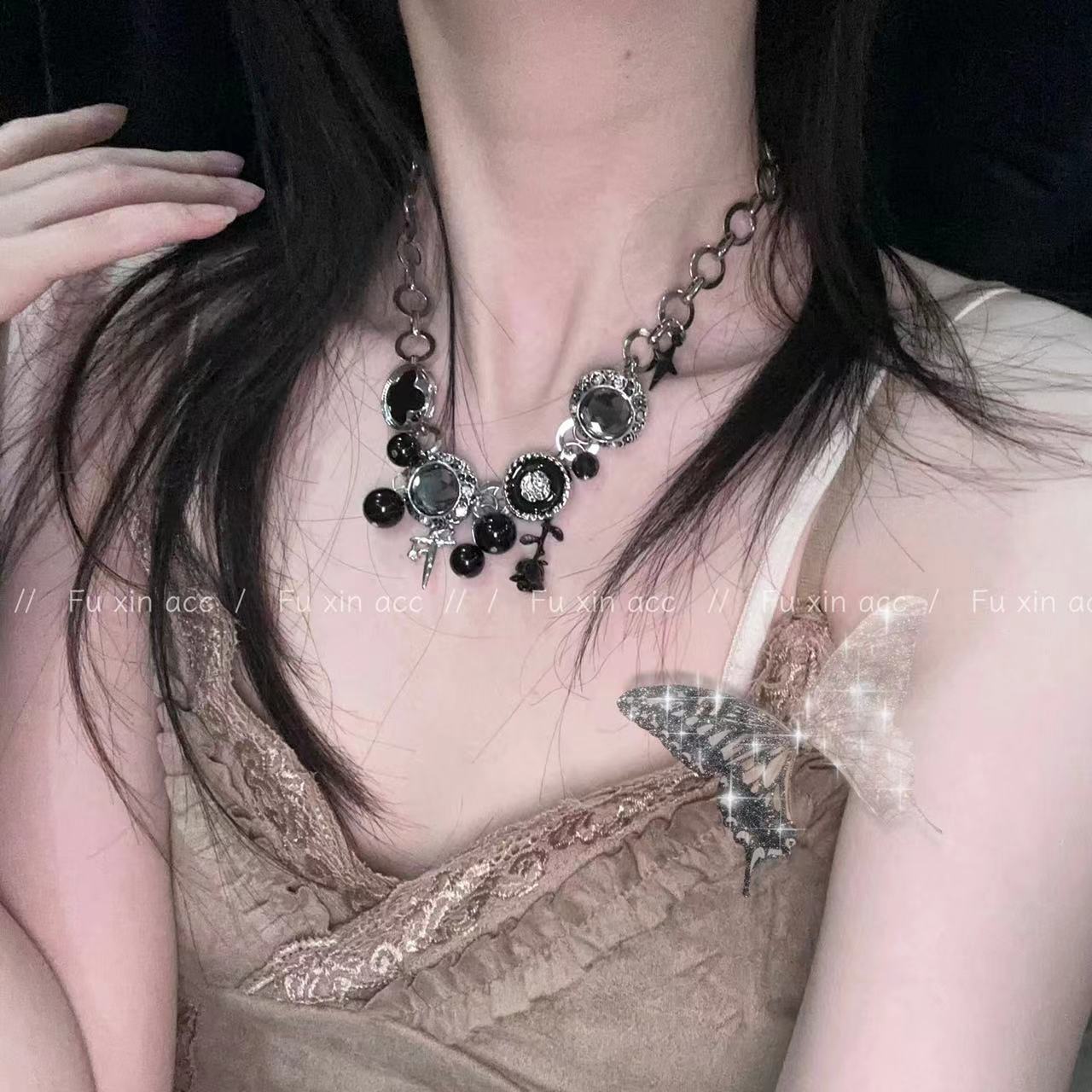 Rhinestone Rose Button Subculture Clavicle Chain Special Necklaces