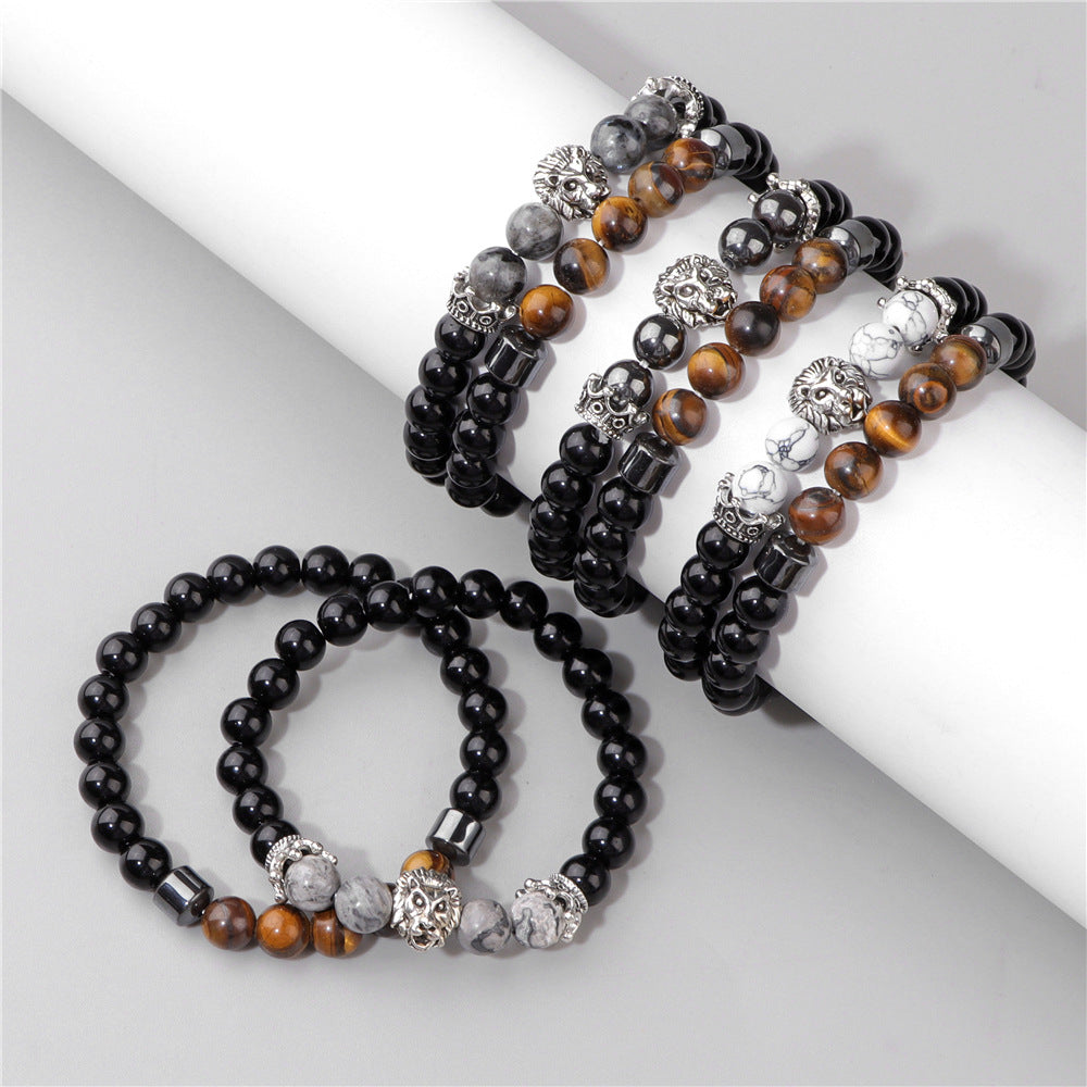 Men's Natural Stone Beads Retro Business Bright Black Lion's Bracelet
