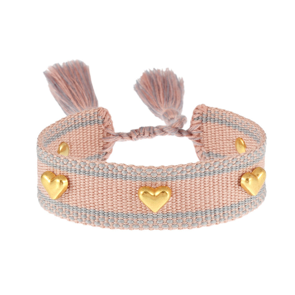 Couple Golden Heart-shaped Carrying Strap Hand-woven Tassel Bracelets