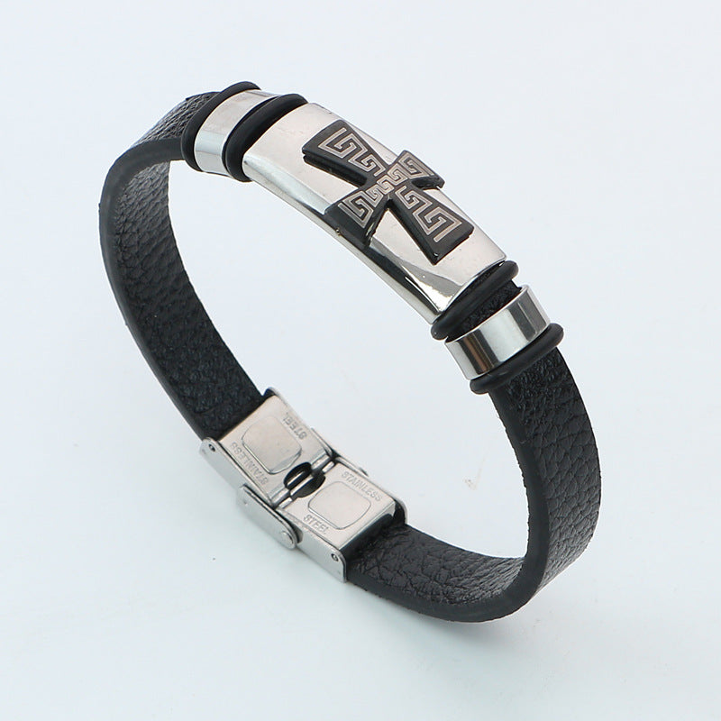 Men's Souvenir Gift Leather Titanium Steel Cross Bracelets