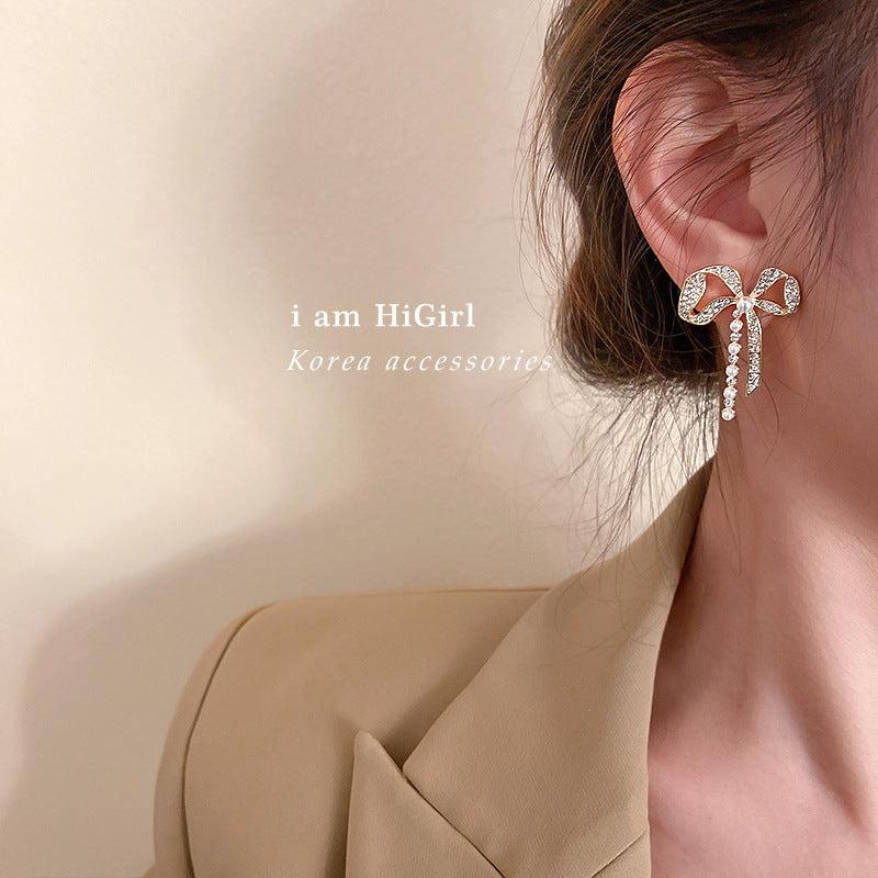 Sier Bowknot Pearl Fashion Trend Simple Stud Earrings