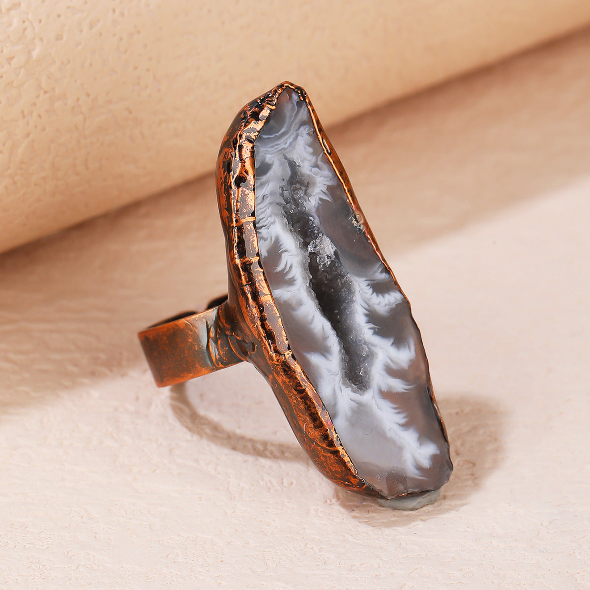 Retro Style Natural Egg Agate Crystal Hole Unshaped Opening Adjustable Ring