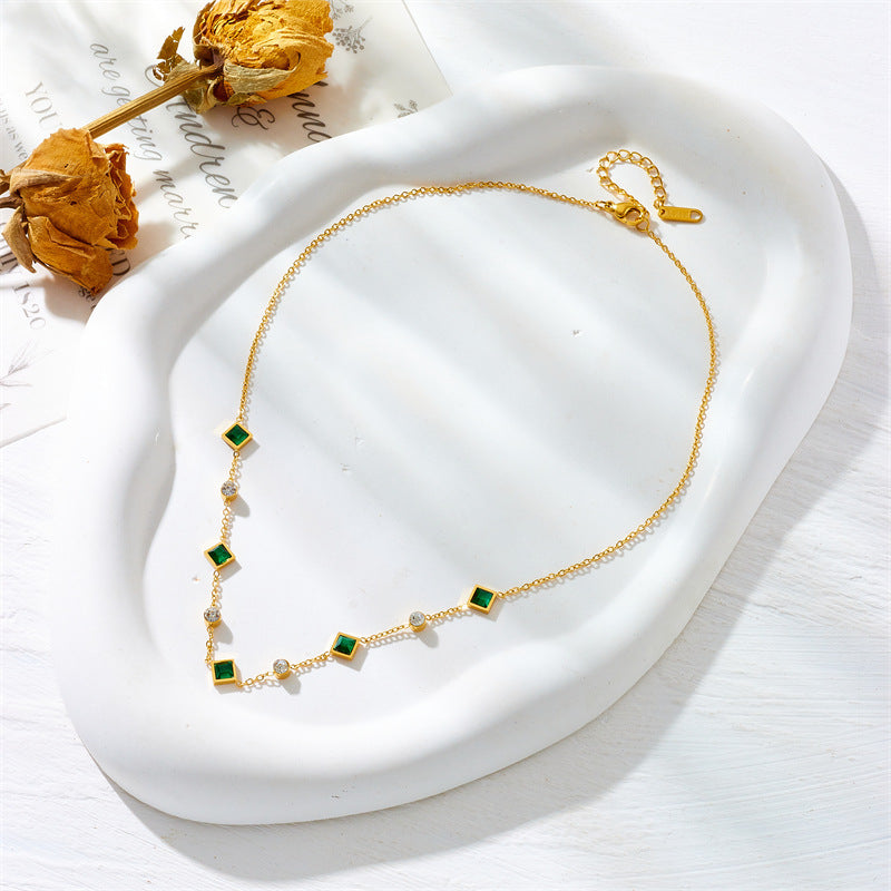 Steel Cube Emerald Zircon Personality Simple Niche Necklaces