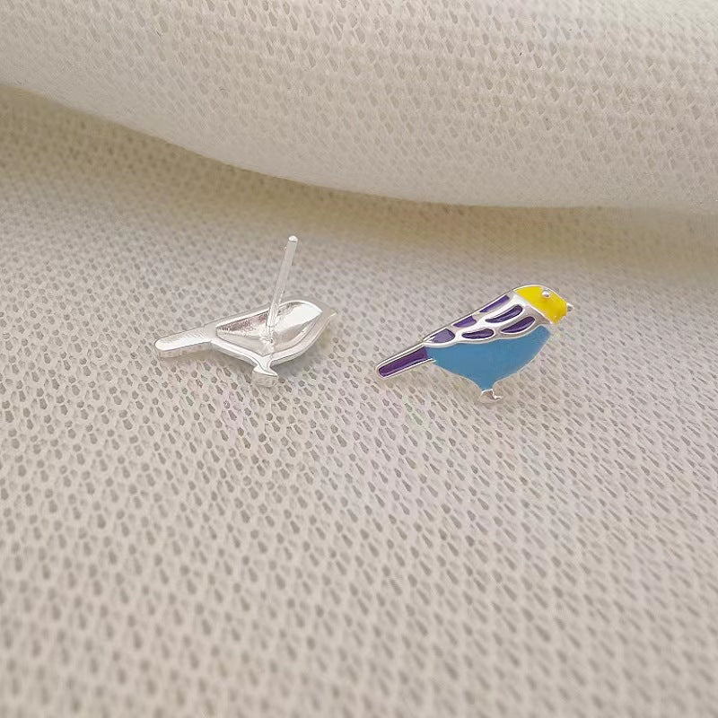 Colorful Bird Ear Female Sier Needle Earrings