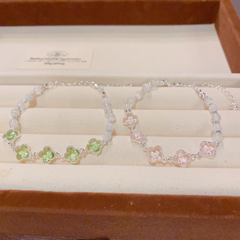 Sier Four-leaf Flower Glass Zircon Opal Temperament Entry Lux Simple Bracelets