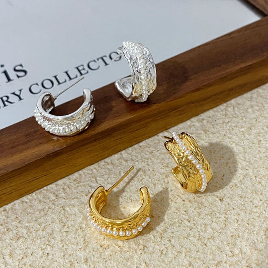 Copper Plated Gold Pleated Texture Irregular Small Beads Female Earrings