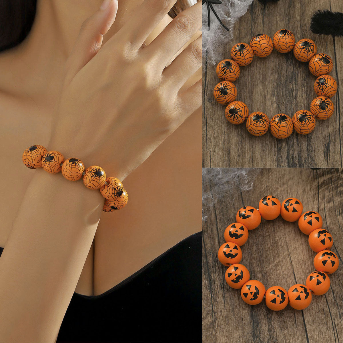 Women's Personality Fashion Wooden Bead Pumpkin Spider Printed Bracelets