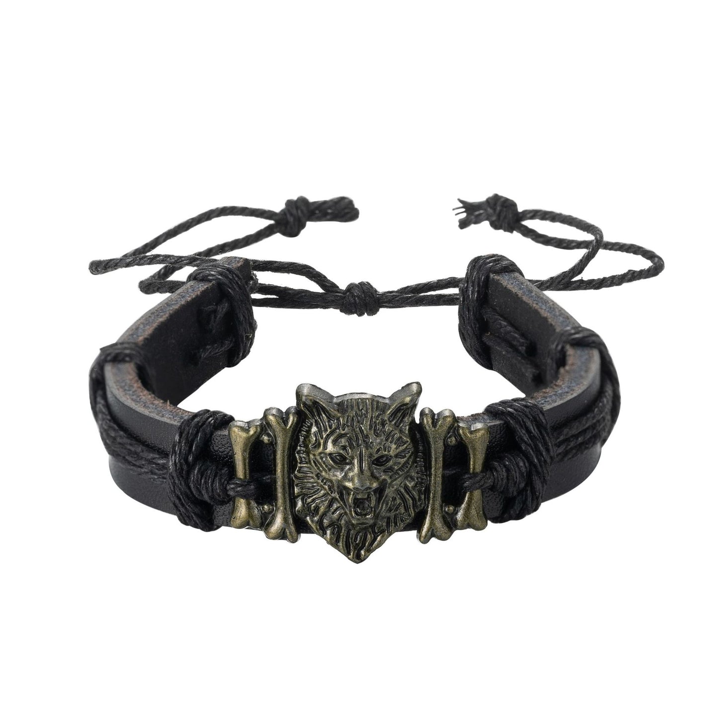 Bracelets en cuir rétro tête de loup, personnalité en Bronze