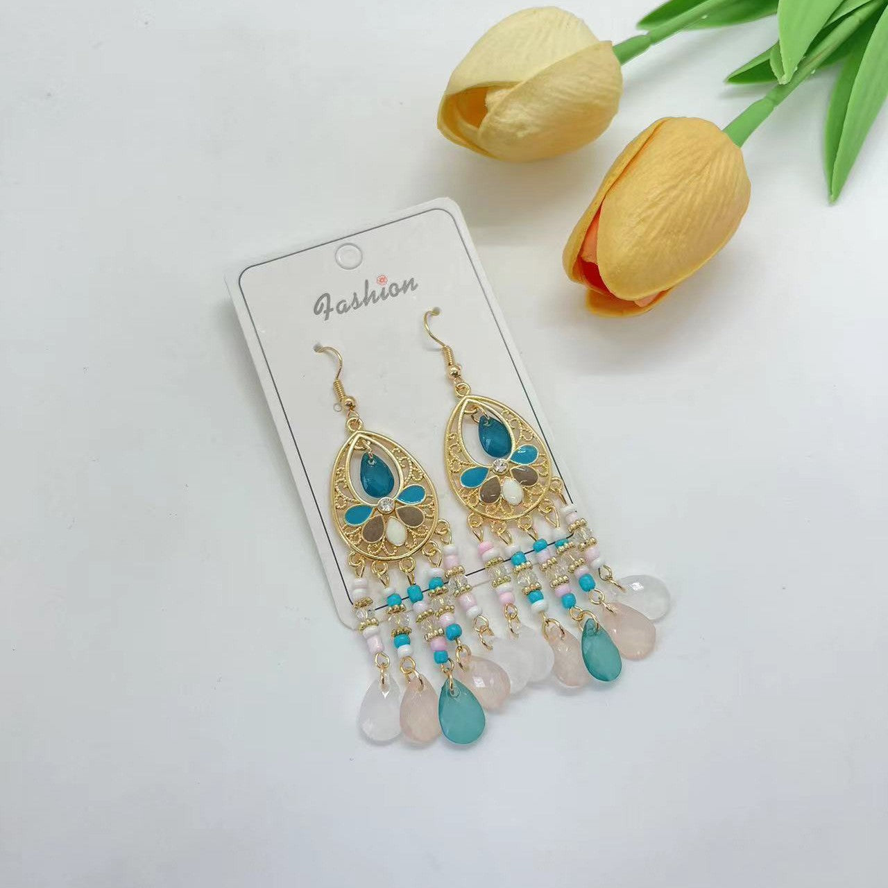 Ethnic Style Tassel Long Bohemian Crystal Yunnan Summer Earrings
