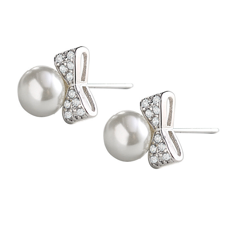 Sweet Pearl Exquisite Inlaid Zircon Bow Earrings