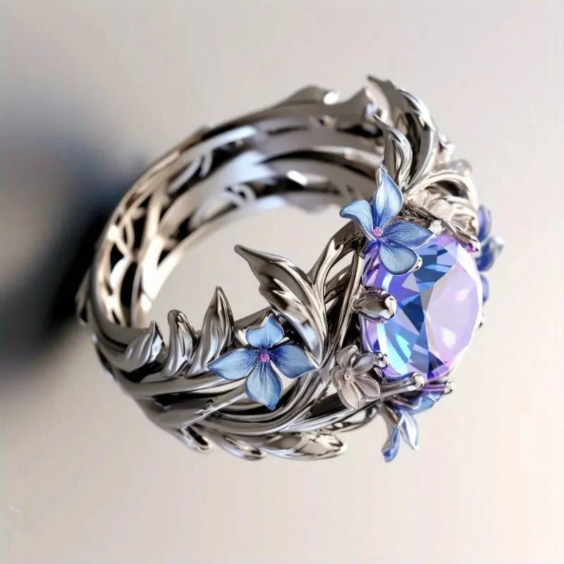 Women's Princess Olive Leaf Engagement Diamond Blue Zircon Rings